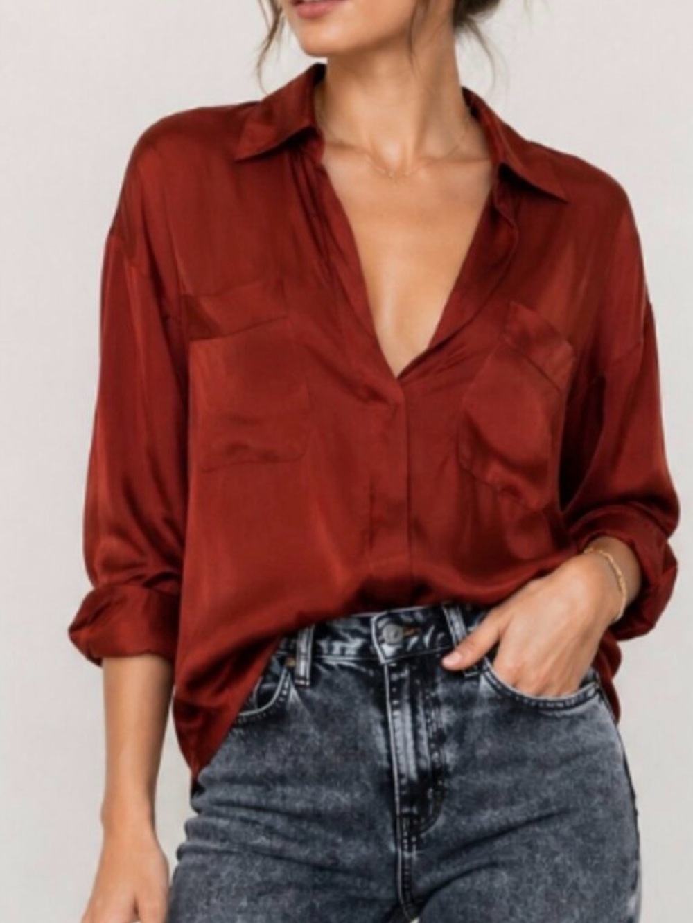 Free People Satin Plunge Blouse Terracotta Oversized Long Sleeve S